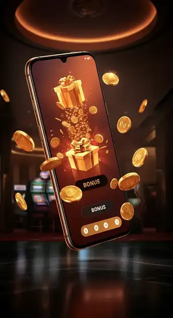 A vibrant banner showcasing Fafabet9 Casino's diverse bonus collection, featuring golden coins, sparkling free spin symbols, and surprise gift boxes, representing lucrative rewards for players.